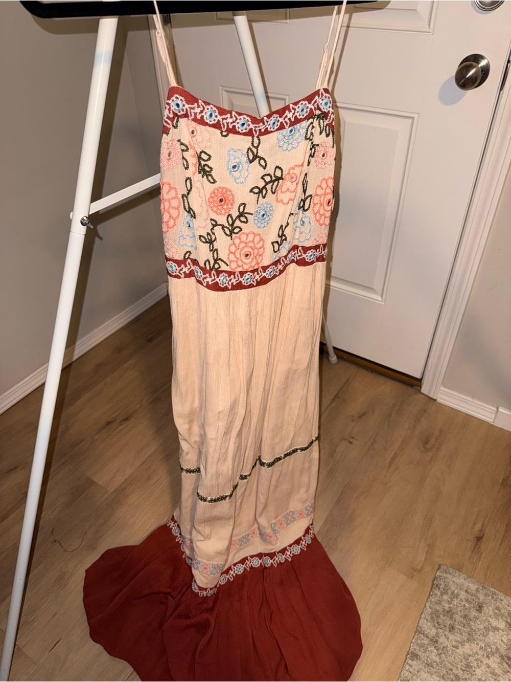 Embroidered Boho Maxi Dress Beige and Rust Altar’d state size large